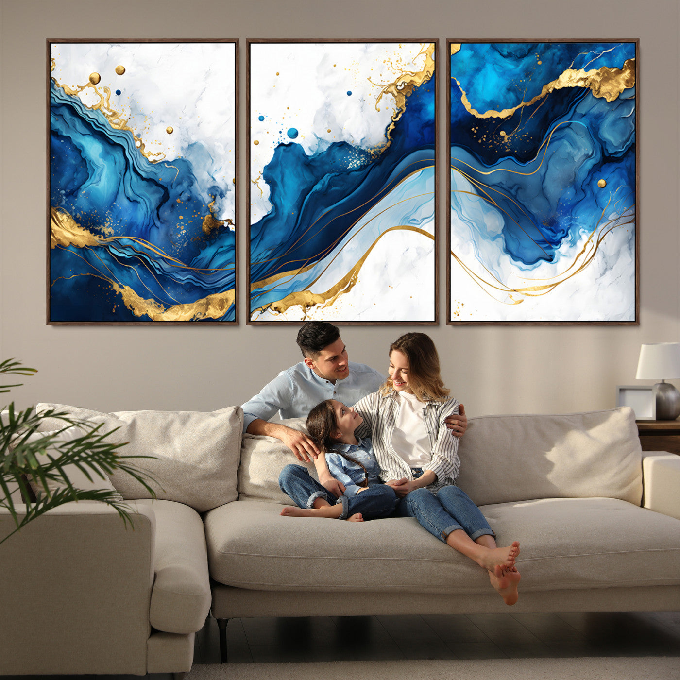 Elegant abstract canvas in cobalt blue and gold tones, featuring marble waves and fluid motion, ideal for luxe interior styling.