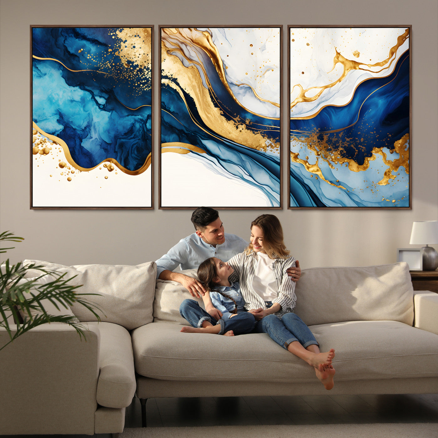 Canvas artwork with fluid blue and gold marbling, perfect for modern luxe or elegant abstract home decor styles.