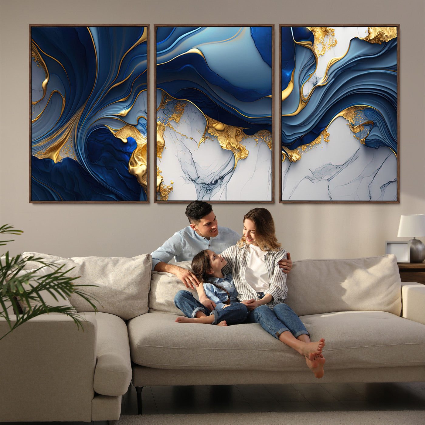 Canvas art with swirling blue marble and gold textures, ideal for elegant glam or modern luxury interior design settings.