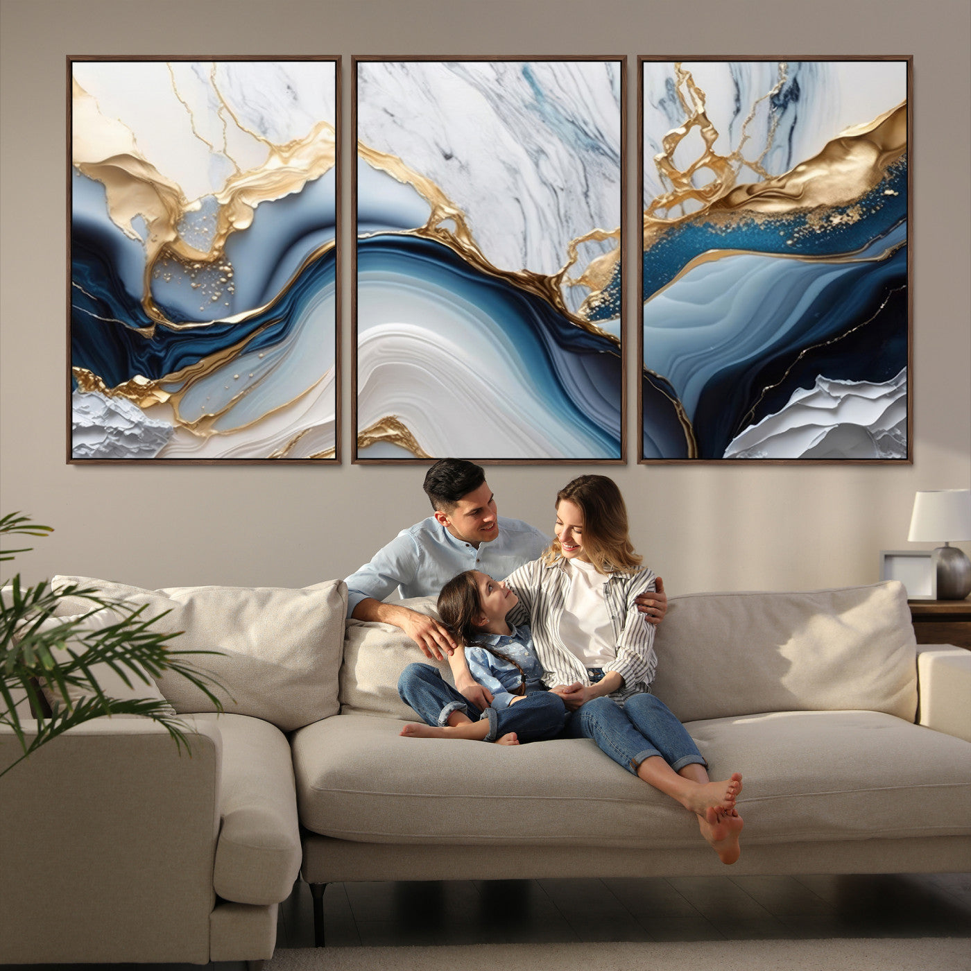 Abstract canvas with blue marble textures and flowing gold veins, ideal for modern luxury or coastal-inspired interior decor.