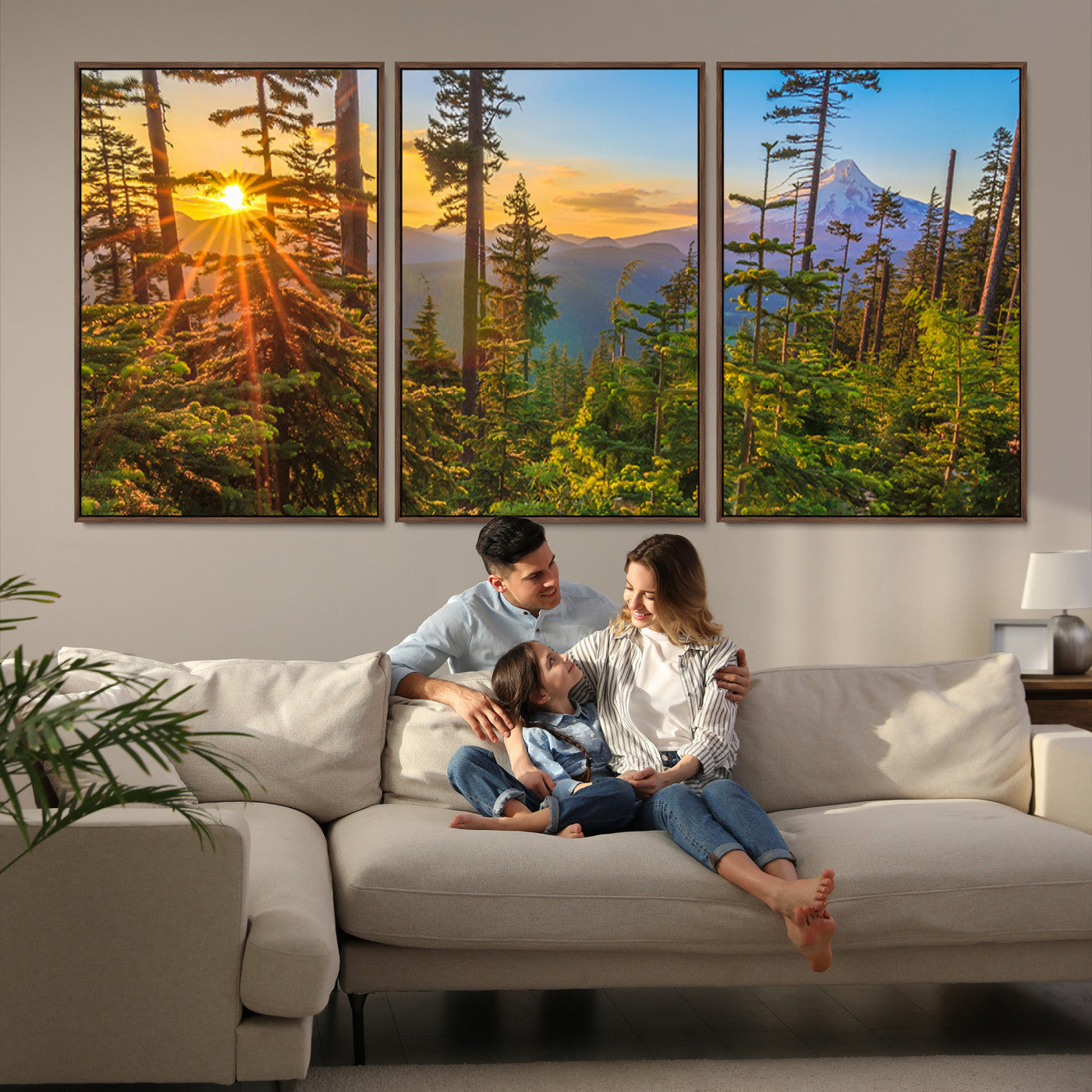 Colorful canvas of Mount Hood and Oregon forest at sunset, featuring sunburst light and lush pine trees for rustic nature decor.