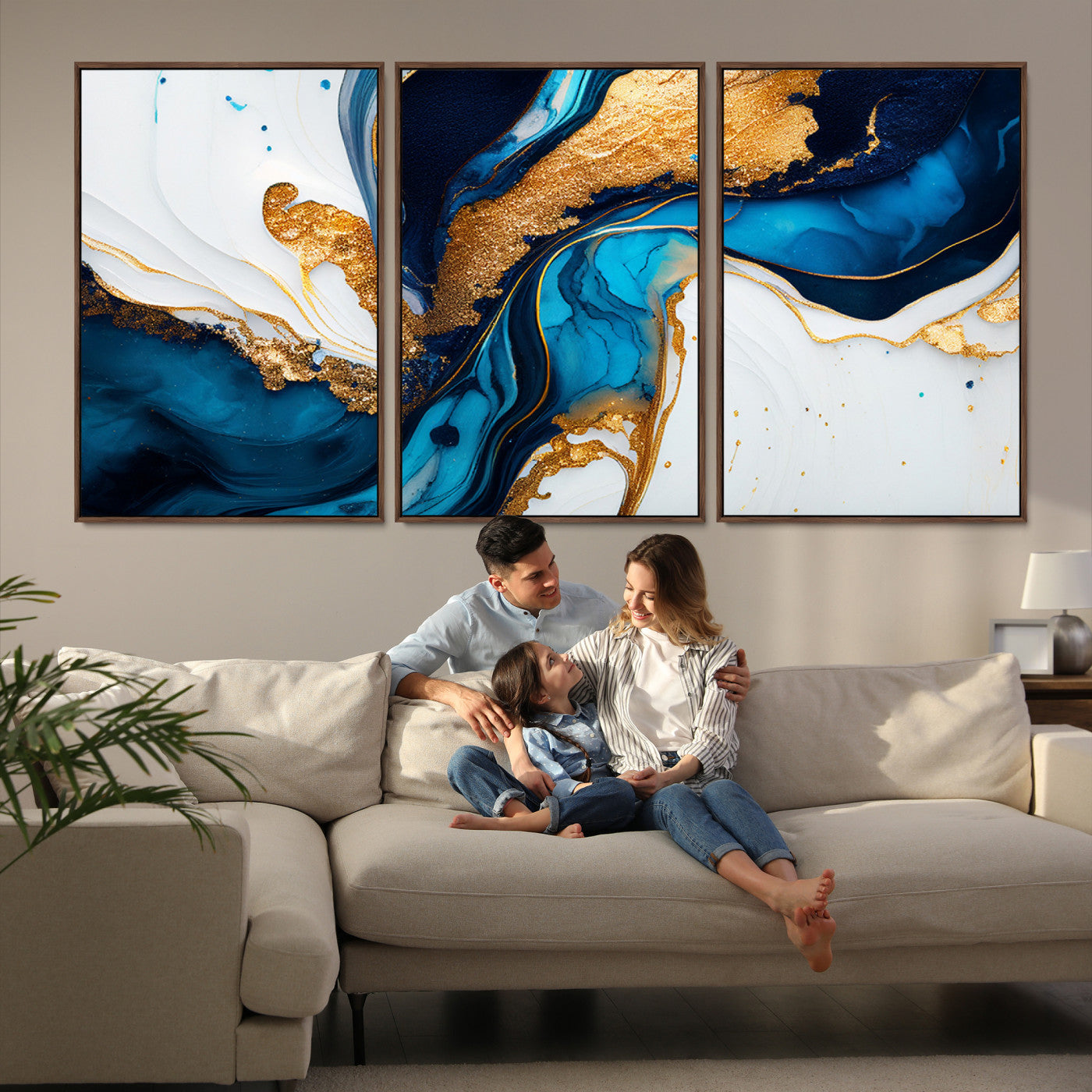 Luxurious abstract canvas in gold, navy, and teal tones with fluid marble patterns, perfect for modern glam or upscale interiors.