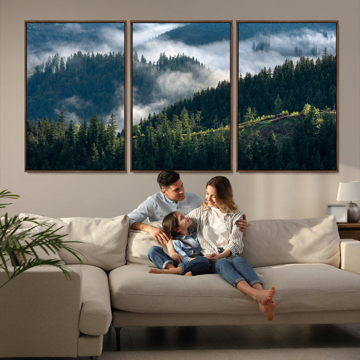 Moody canvas of misty pine forests over layered hills, perfect for cool-toned nature-inspired or woodland-style home decor.
