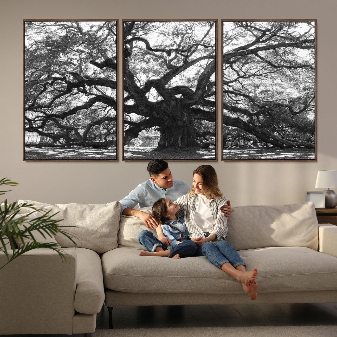 Black and white canvas of an ancient oak tree with sprawling, twisted branches, ideal for moody nature-inspired or rustic decor.