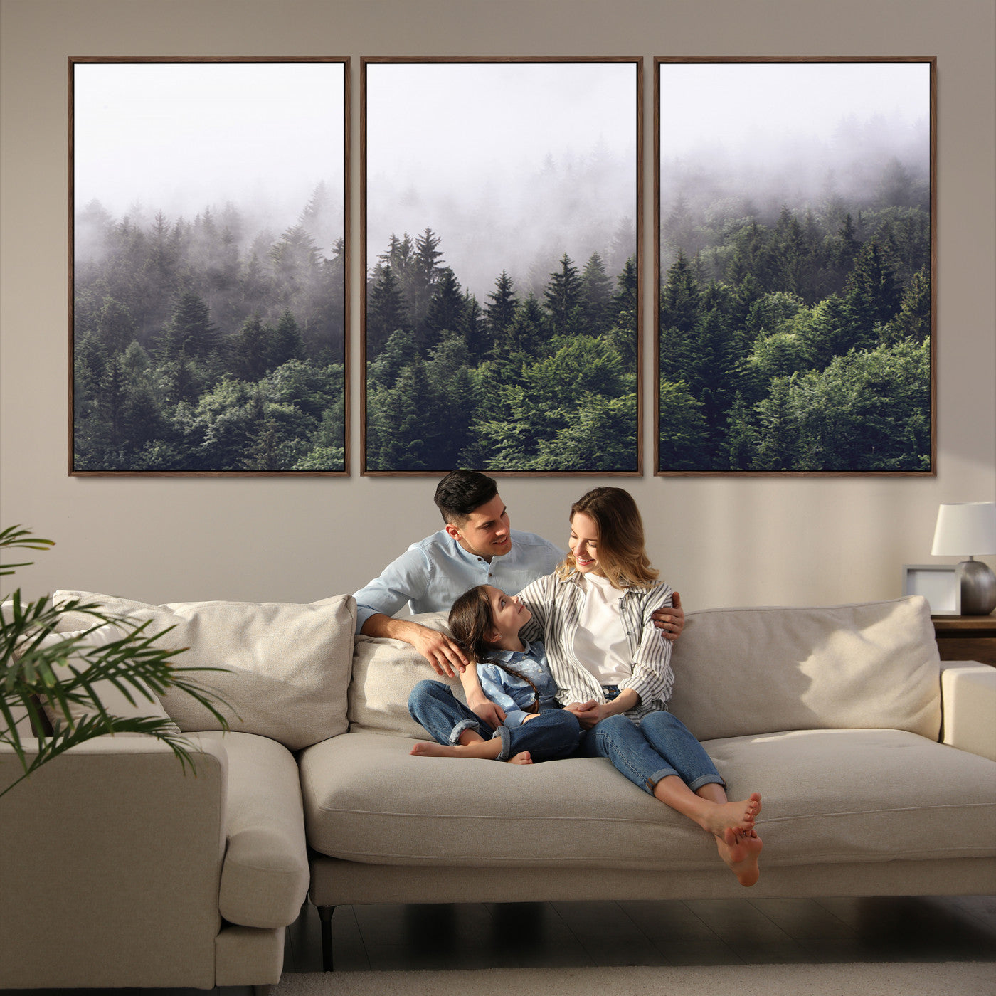 Canvas of dense misty forest in dark green tones, ideal for moody forest or atmospheric woodland-themed home decor.