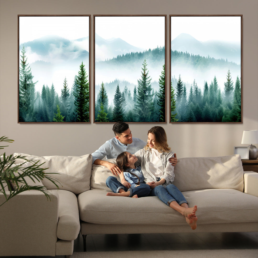 16716676-MGV-FC-60X30-3P-Pine Forest Wall Art Canvas Print, Framed Misty Mountains Art Picture Print, Foggy Trees Perfect Moody Forest Decor Artwork