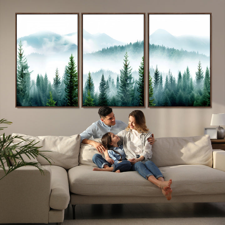 16716676-MGV-FC-60X30-3P-Pine Forest Wall Art Canvas Print, Framed Misty Mountains Art Picture Print, Foggy Trees Perfect Moody Forest Decor Artwork