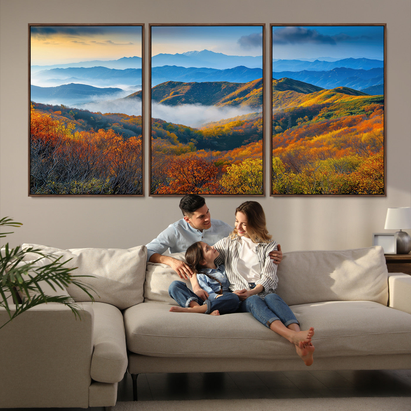 Vibrant canvas of autumn mountains with colorful trees, layered blue ridges, and soft morning fog, ideal for bright nature-themed decor.