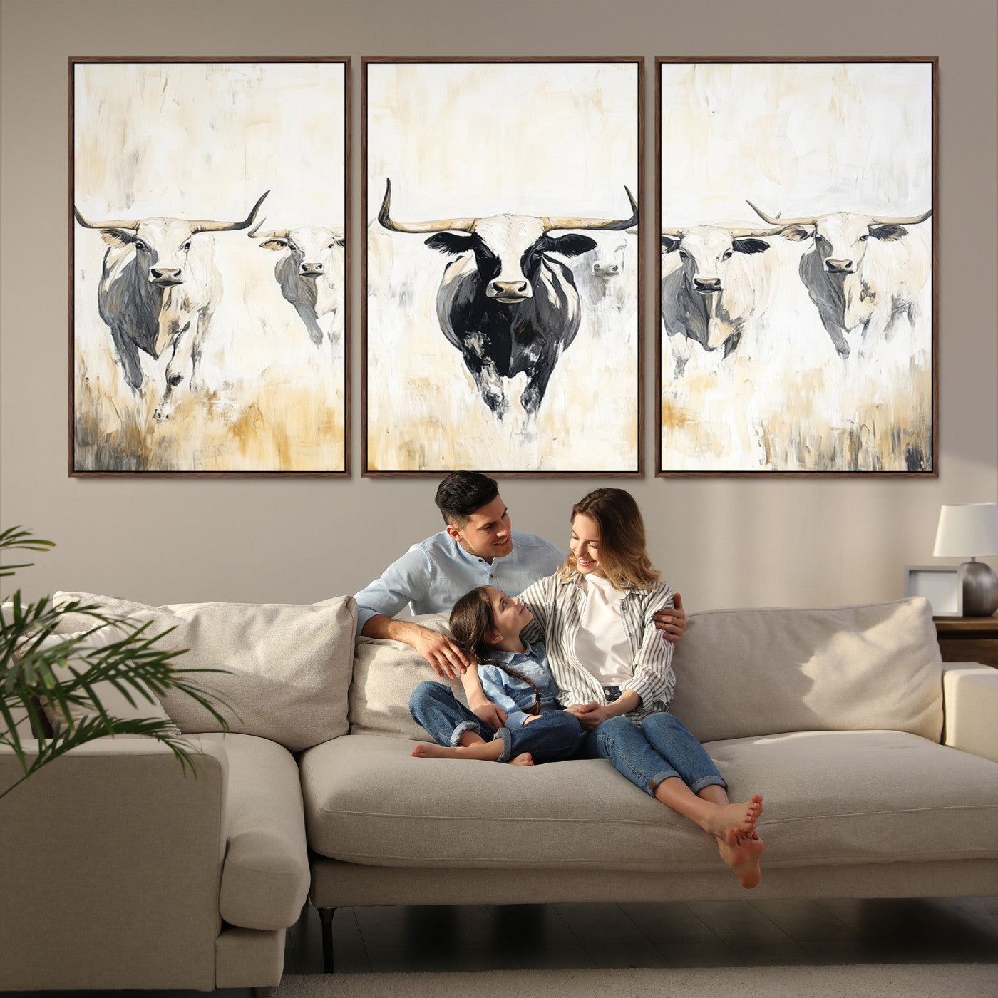 40397799-MGV-FC-60X30-3P-Texas Longhorn Canvas Print, Framed Rustic Herd Art Picture Print, Western Bull Perfect Neutral Western Decor