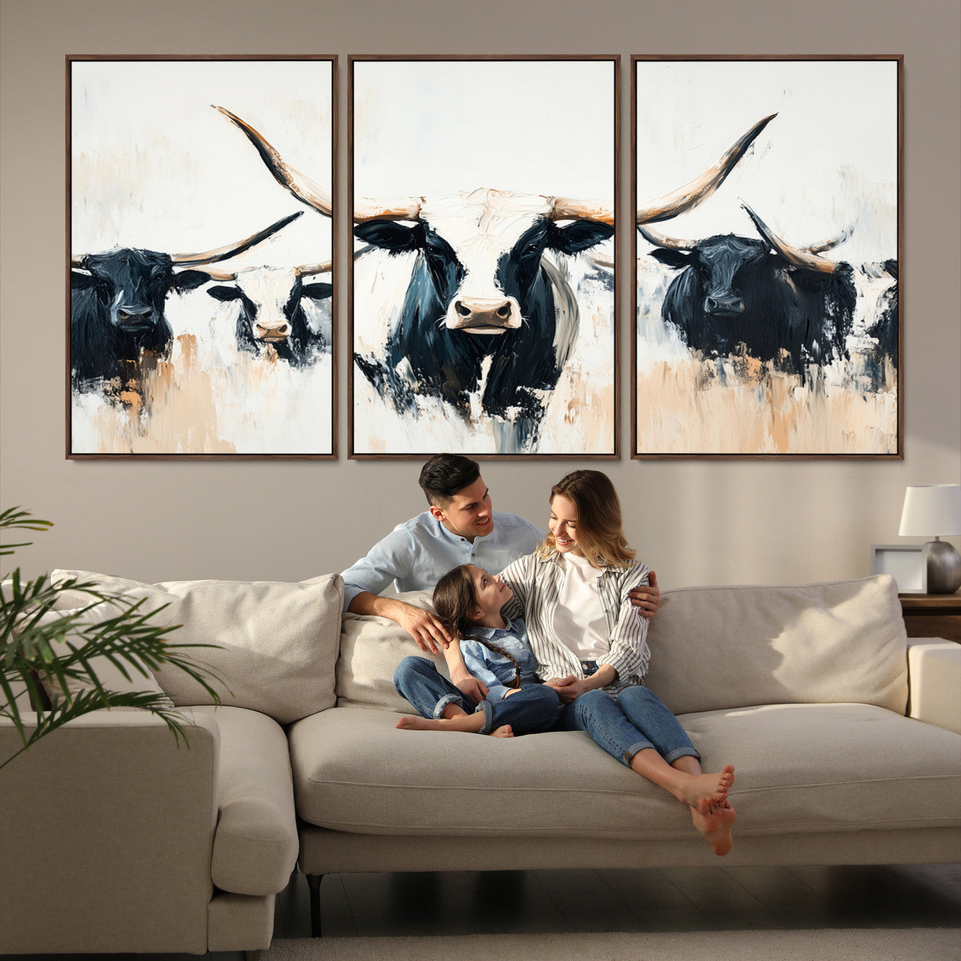 94780606-MGV-FC-60X30-3P-Texas Longhorn Wall Art Canvas Print, Framed Western Cattle Art Picture Print, Horned Bull Perfect Rustic Western Decor, Western Cattle