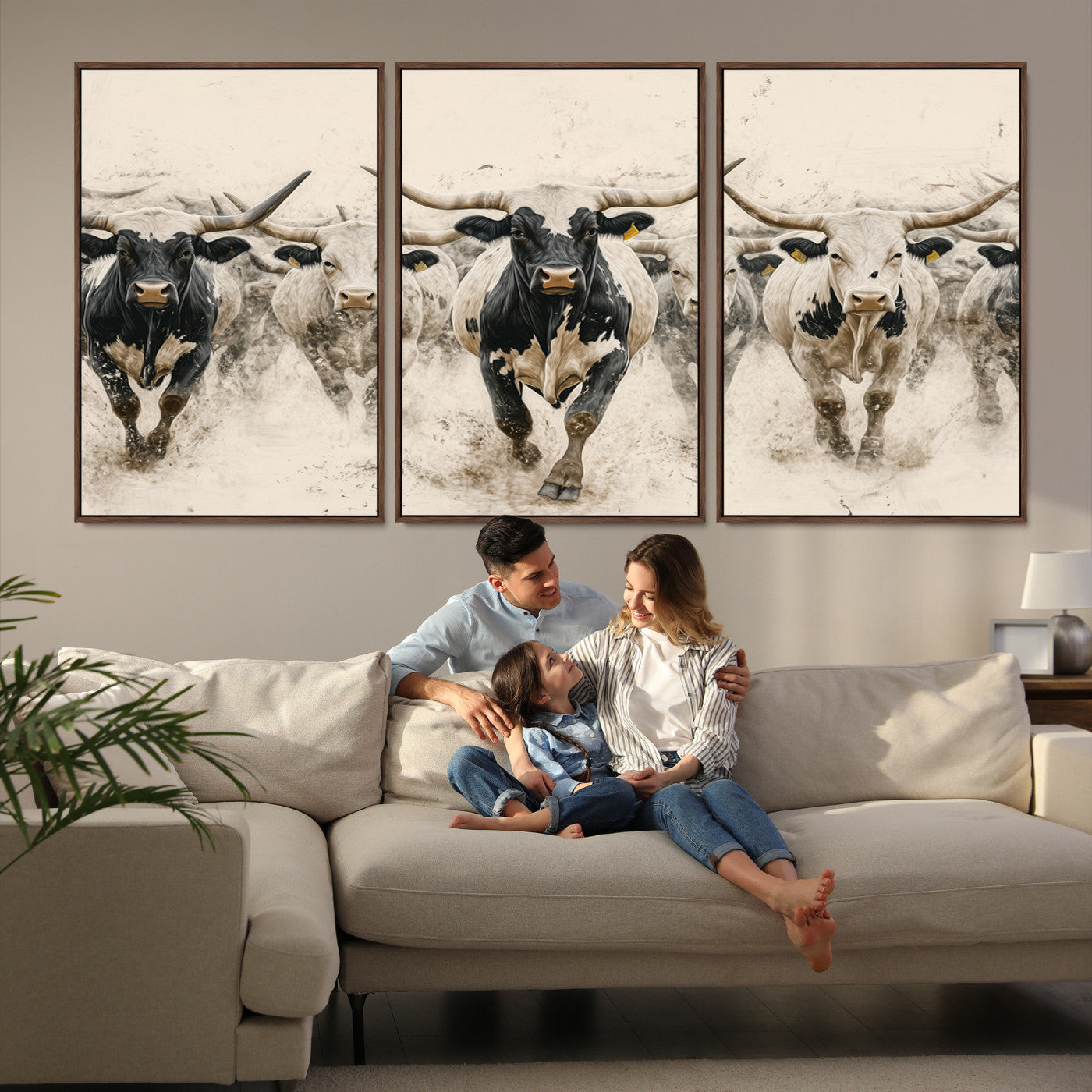 Canvas artwork of Texas Longhorn bulls walking in a dusty herd, ideal for rustic Western or country-style interior decor.