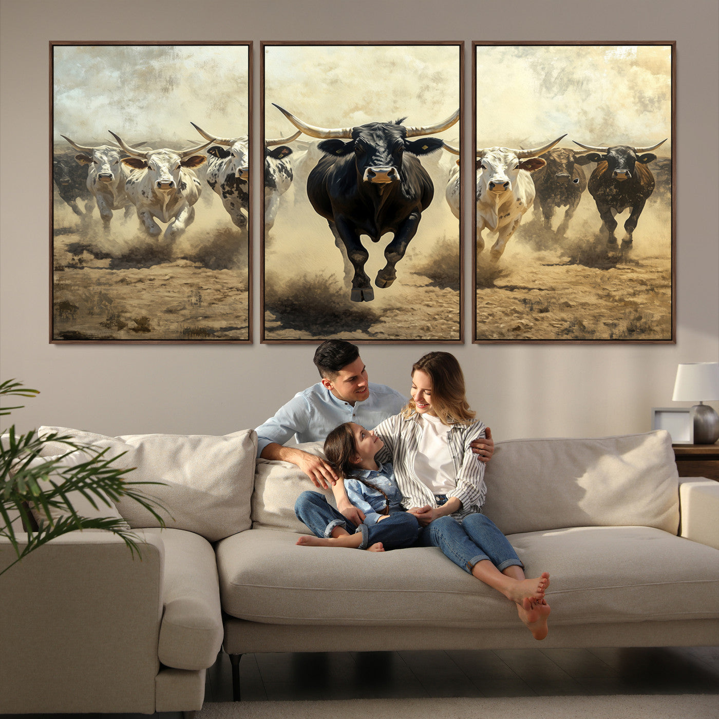 Dynamic canvas showing a Texas Longhorn stampede with earthy tones and bold movement, perfect for rustic or Western-style interiors.