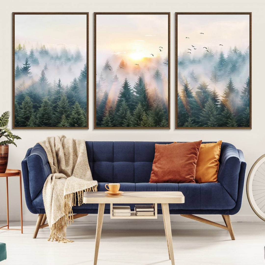 Misty Pine Forest Wall Art: A depiction of sunrise over foggy trees and birds against a bright sky; a framed woodland scene ideal for home or office decor.