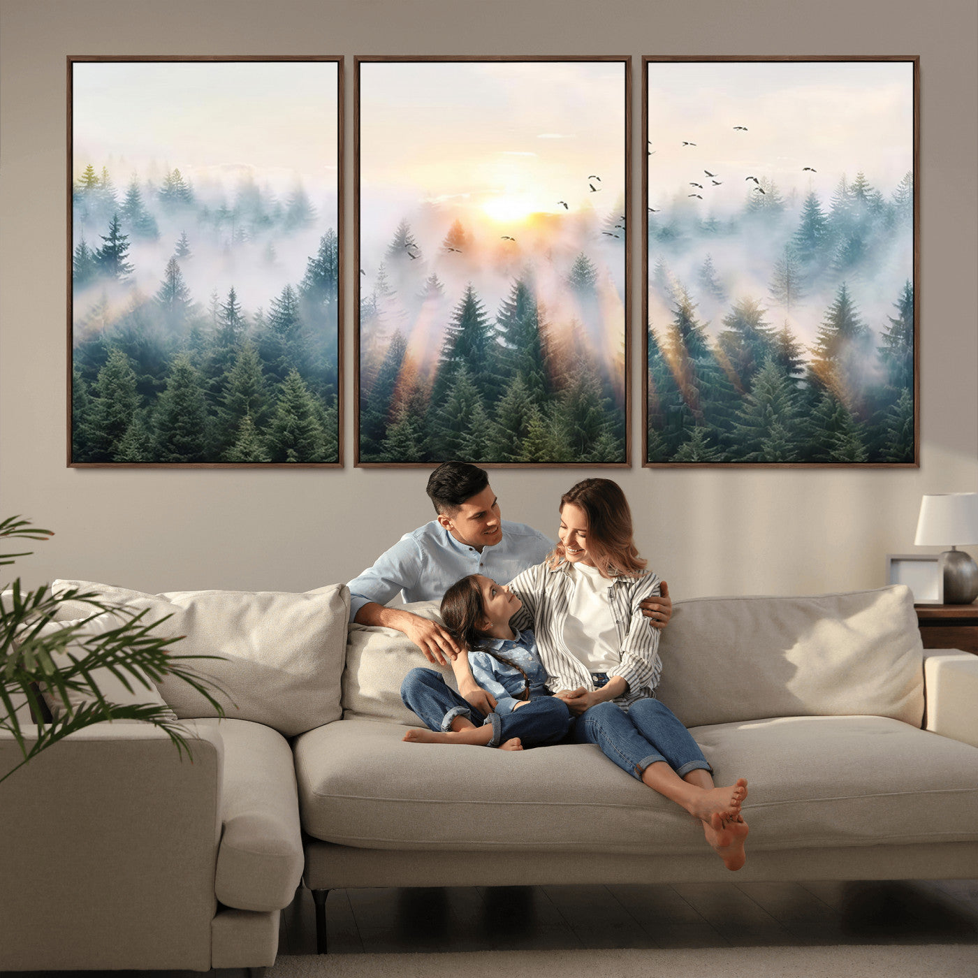 MGV-FC-60X30-3P - Misty Pine Forest Wall Art Canvas, Sunrise Over Foggy Trees Canvas for Home - Office, Framed
