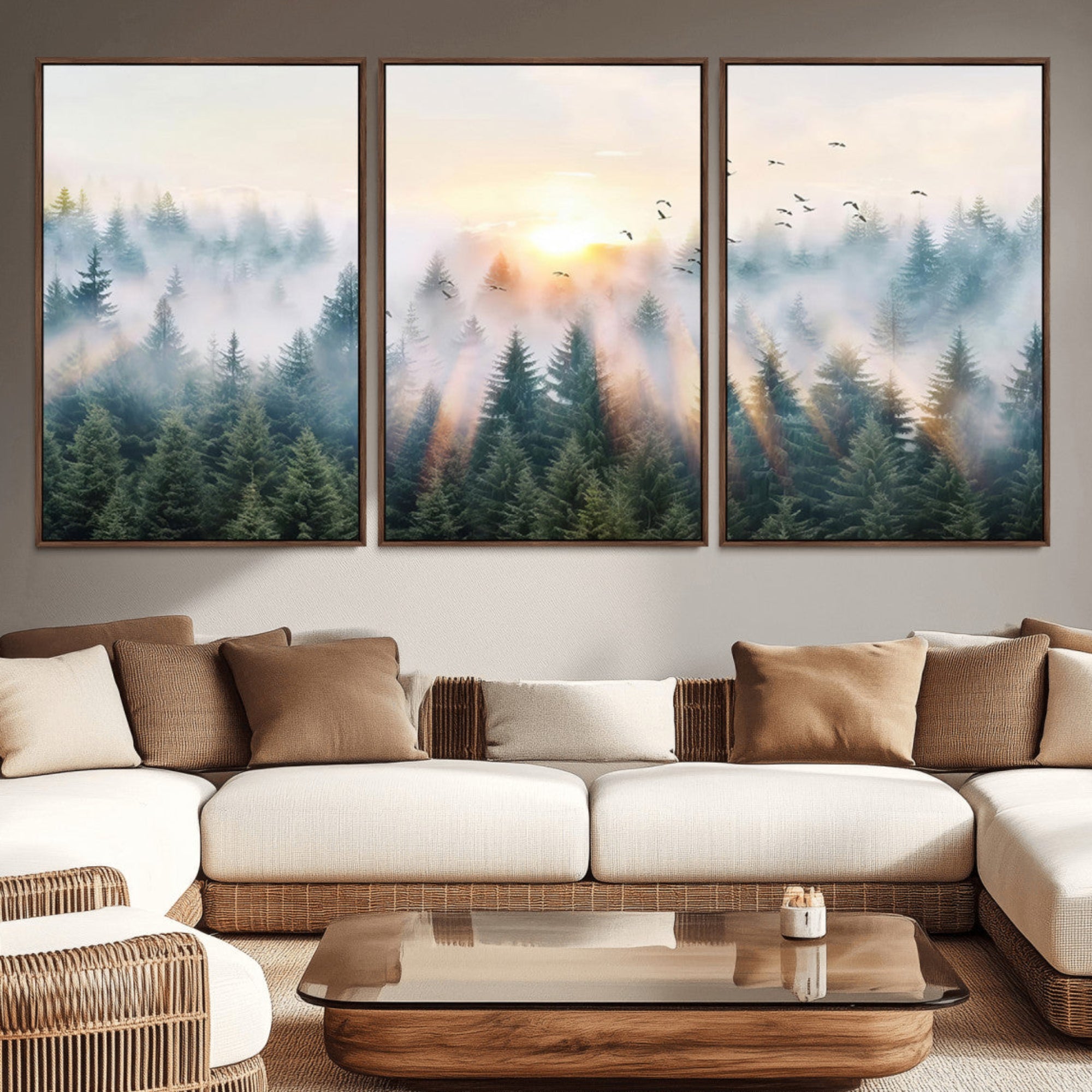 92718976-MGV-CV-36X24-Misty Pine Forest Wall Art Canvas, Sunrise Over Foggy Trees Canvas for Home - Office, Framed