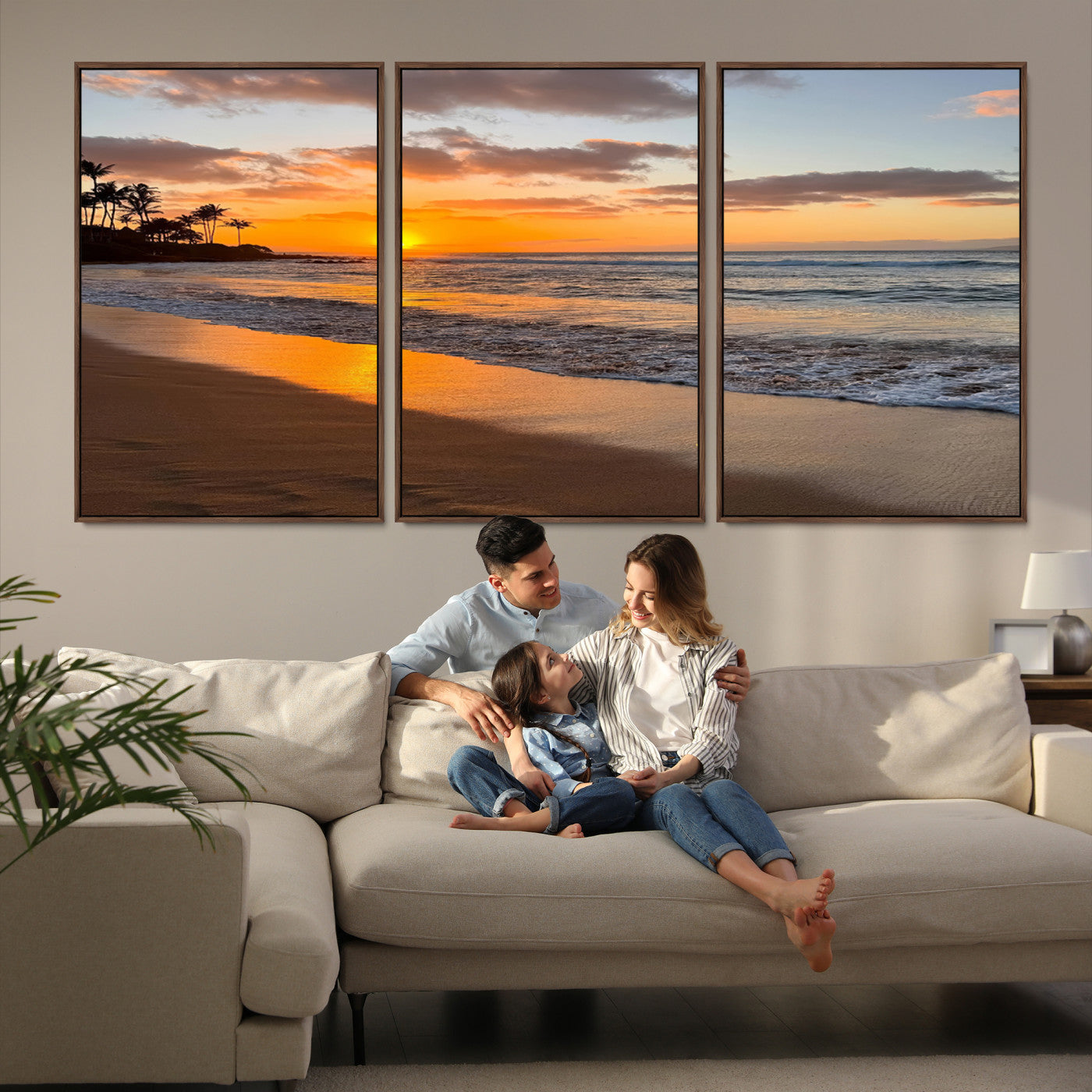 Canvas of a tropical beach at sunset with golden reflections and palm trees, perfect for vibrant coastal or island-style decor.