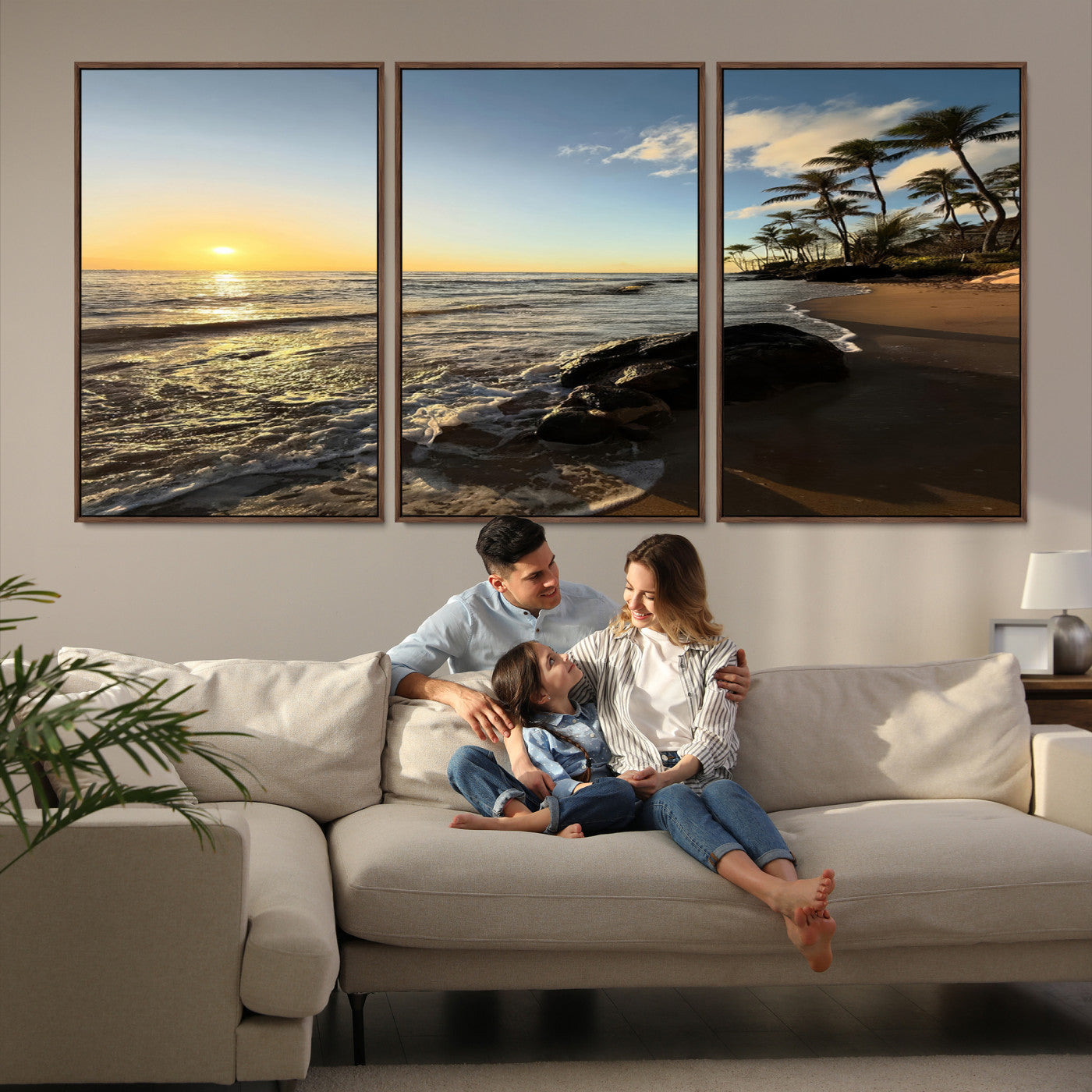 Canvas of a golden sunset on a tropical beach with palm trees and calm waves, perfect for coastal or island-themed home decor.