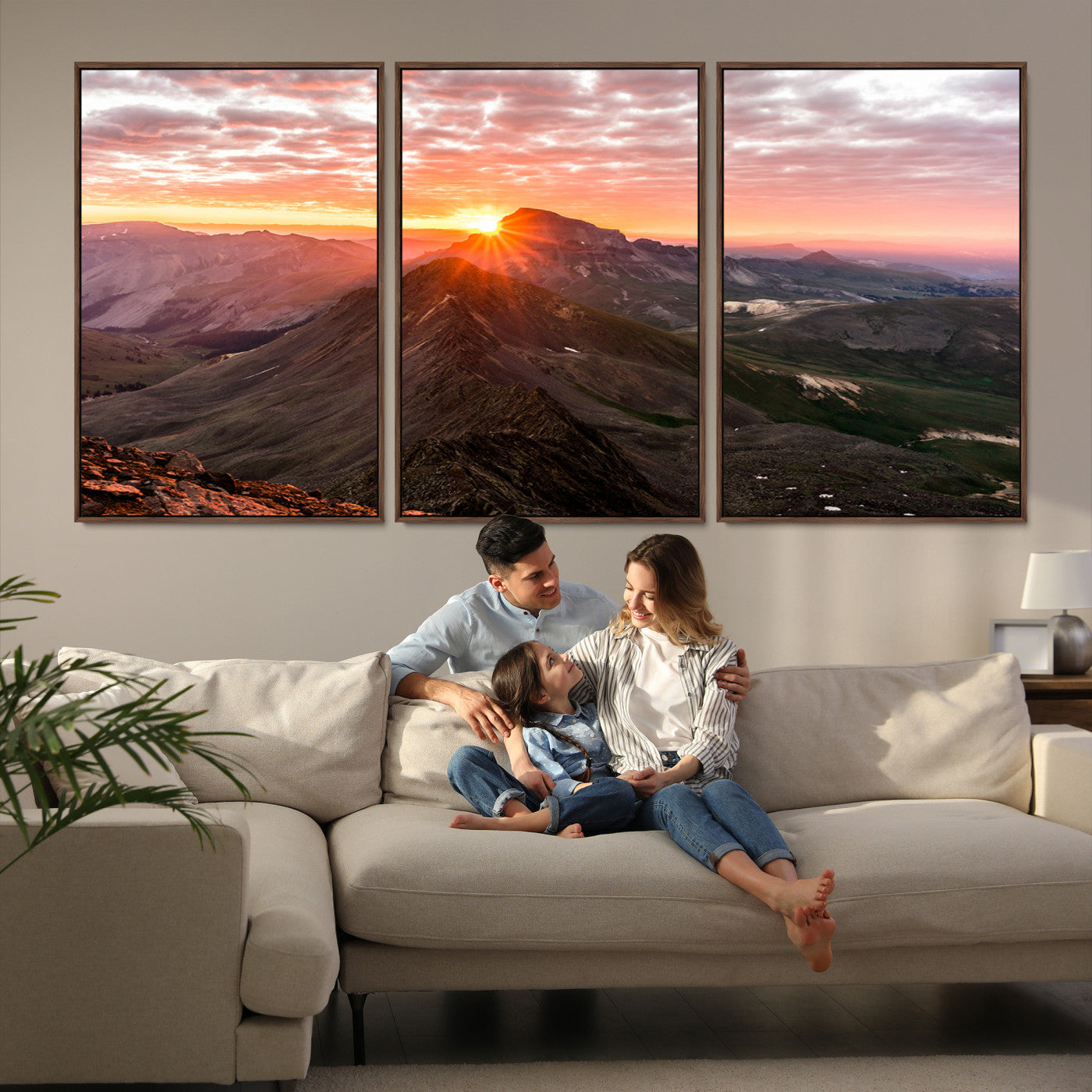 Canvas showing a mountain ridge at sunrise with golden light and dramatic clouds, perfect for nature or rustic-inspired wall decor.