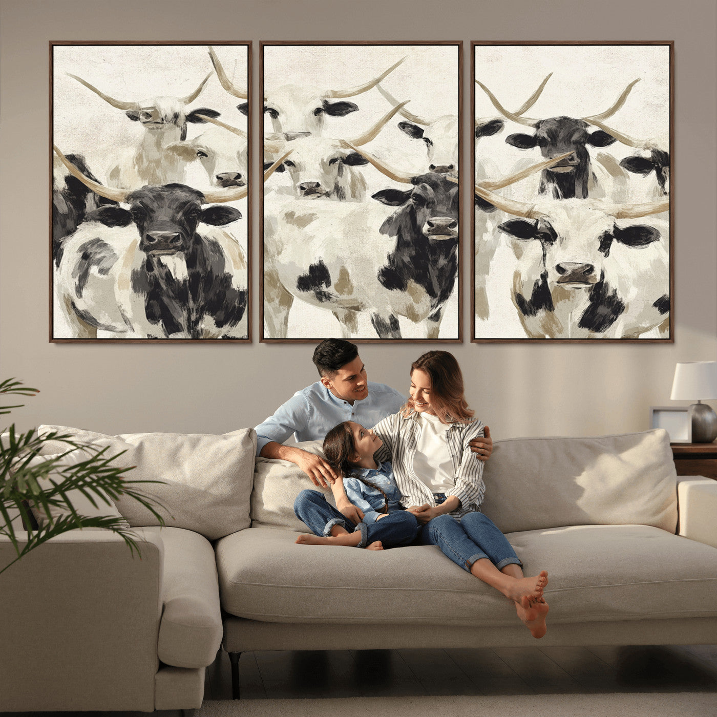 MGV-FC-60X30-3P - Longhorn Texas Cow Drawing Abstract Wall Art Canvas Print for Farmhouse Decor, Texas Bull Printing