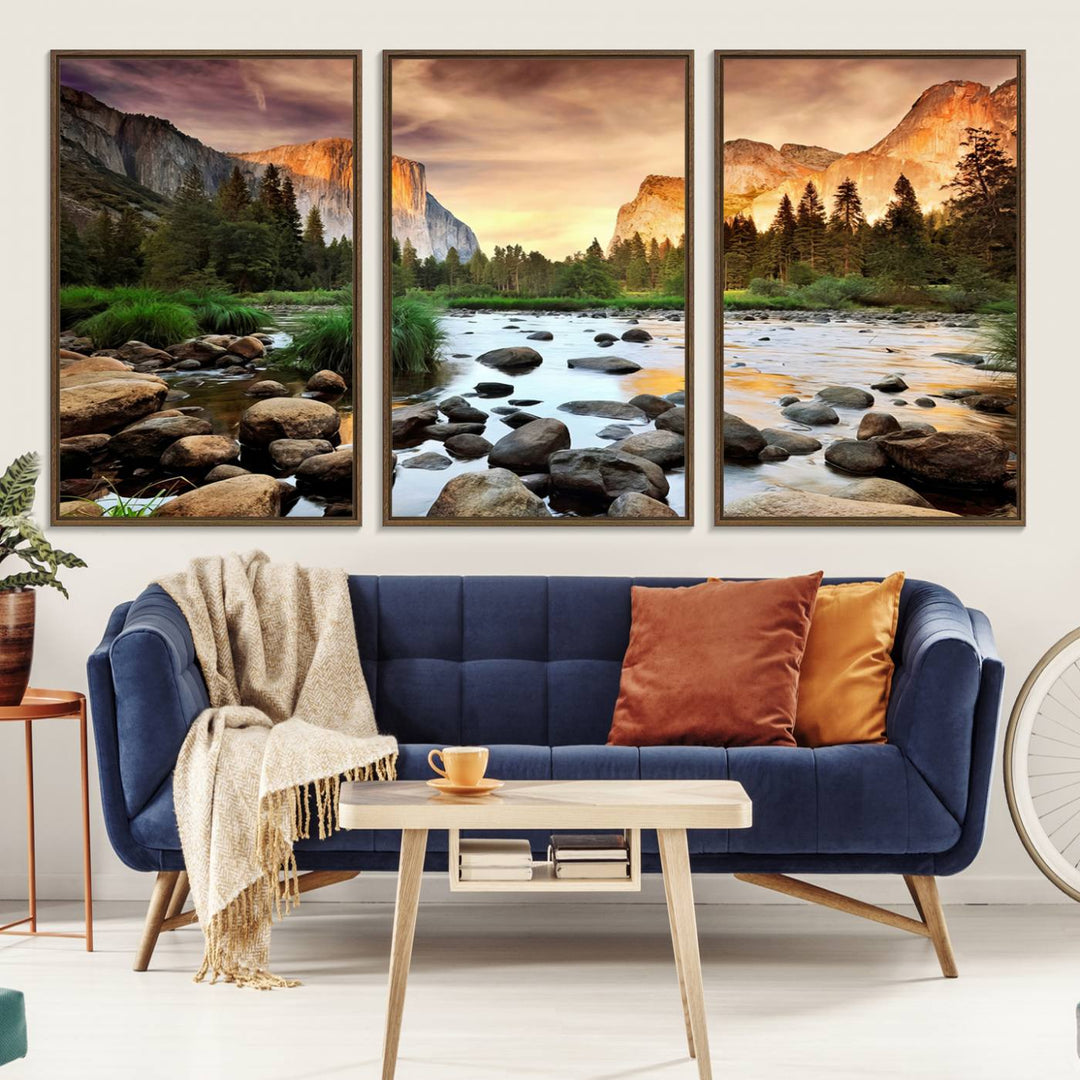 A tranquil riverside sunset mirrors the beauty of a Yosemite wall art masterpiece like the Large El Capitan Print.