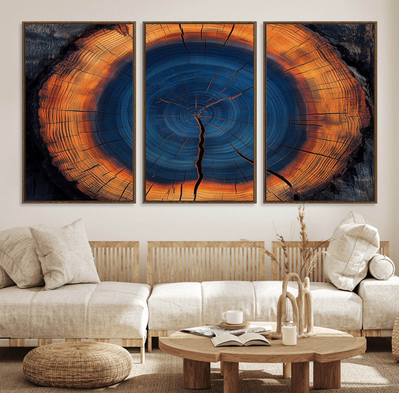 MGV-FC-60X30-3P - Abstract Tree Ring Wall Art Print, Natural Rustic Wood Texture Canvas Print, Framed Tree Ring Printing, Wood Tree Stump Artwork Canvas Print