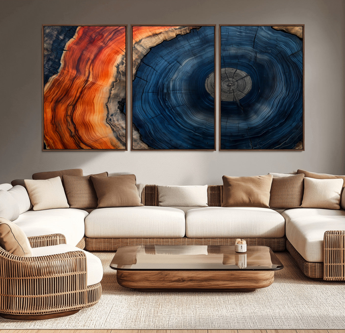 MGV-FC-60X30-3P - Tree Rings Wall Art Canvas Print, Rustic Wood Print, Framed Natural Texture Art Print, Wood Grain