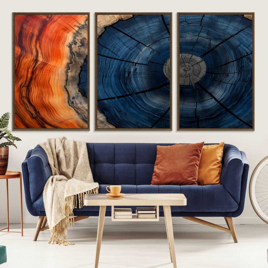 Abstract Tree Rings Canvas Print with vibrant colors—ideal farmhouse wall art for a woodland-themed home.