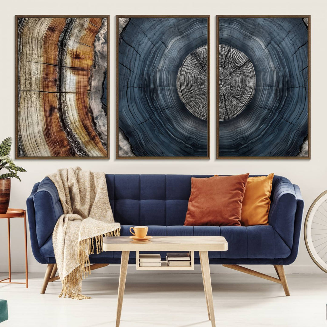 Close-up of the Abstract Tree Rings Wall Art Print featuring shades of blue, brown, and gray.