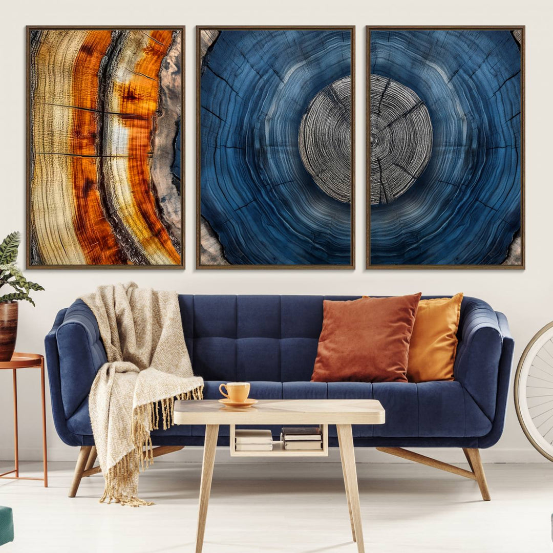 Vibrant Abstract Tree Rings in Orange, Brown, and Blue - Canvas Print for Nature Woodland Wall Decor.