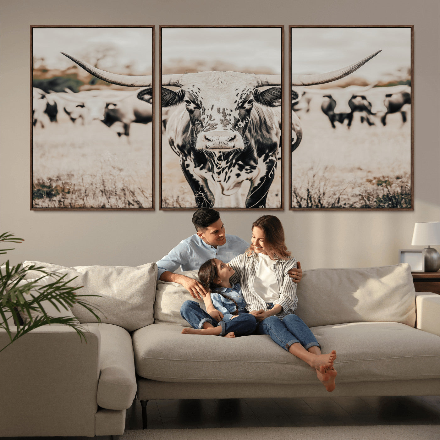 MGV-FC-60X30-3P - Texas Longhorn Wall Art Canvas Print, Framed Speckled Cow Art Picture Print, Horned Cattle Perfect Rustic Western Decor Artwork