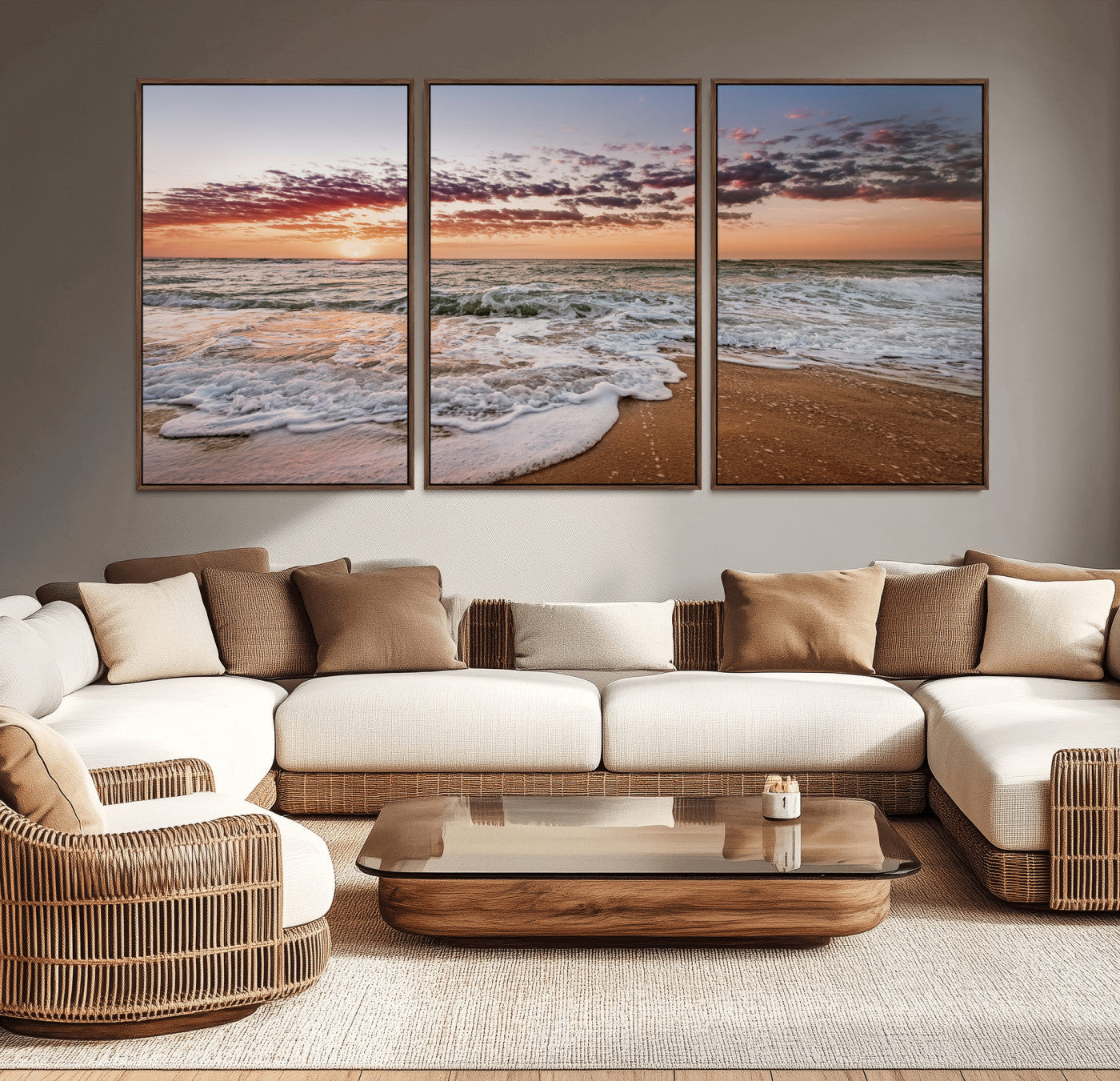 39846389-MGV-CV-36X24-Ocean Sunset Wall Art Canvas Print – Framed Sandy Shore Gentle Waves Coastal Landscape Minimalist Artwork for Home, Office