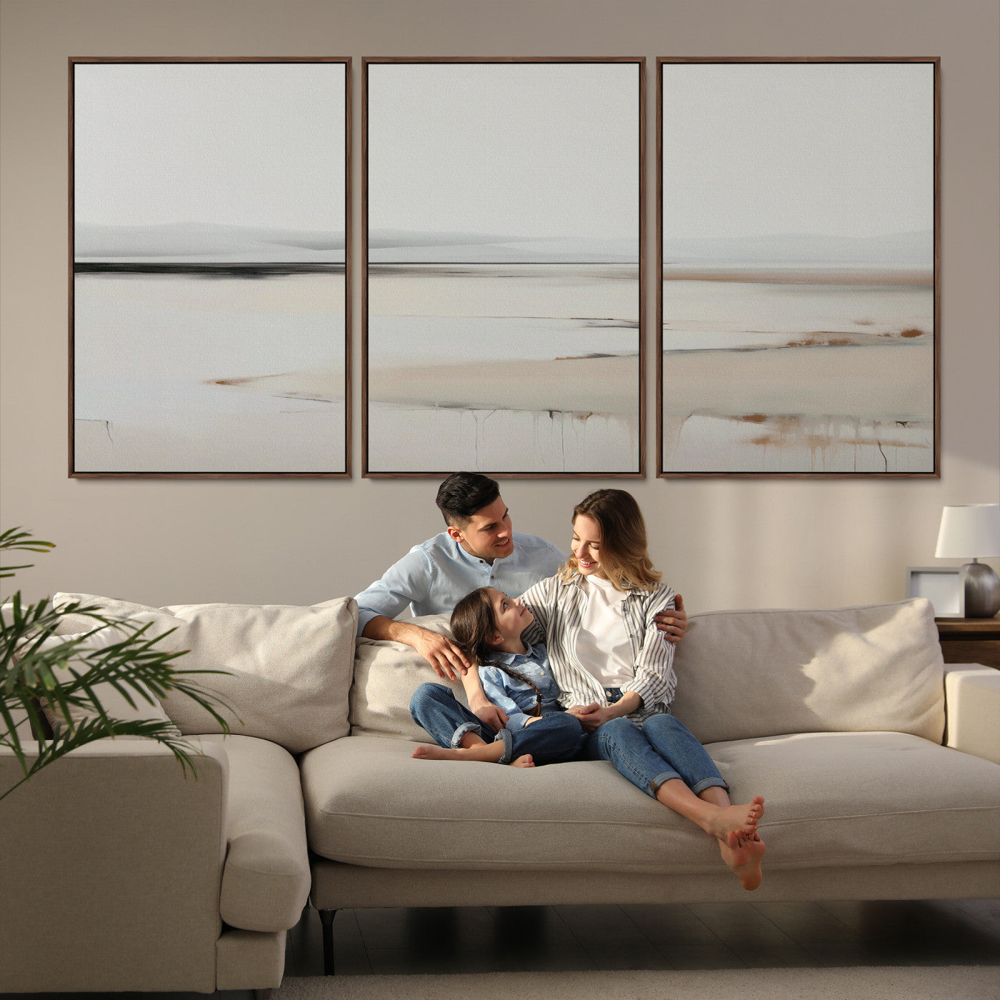 89410095-MGV-FC-60X30-3P_Walnut-Minimalist Landscape Wall Art Canvas Print, Framed Soft Horizon Art Picture Print, Abstract Seascape Perfect Minimalist Earthy Decor, Framed