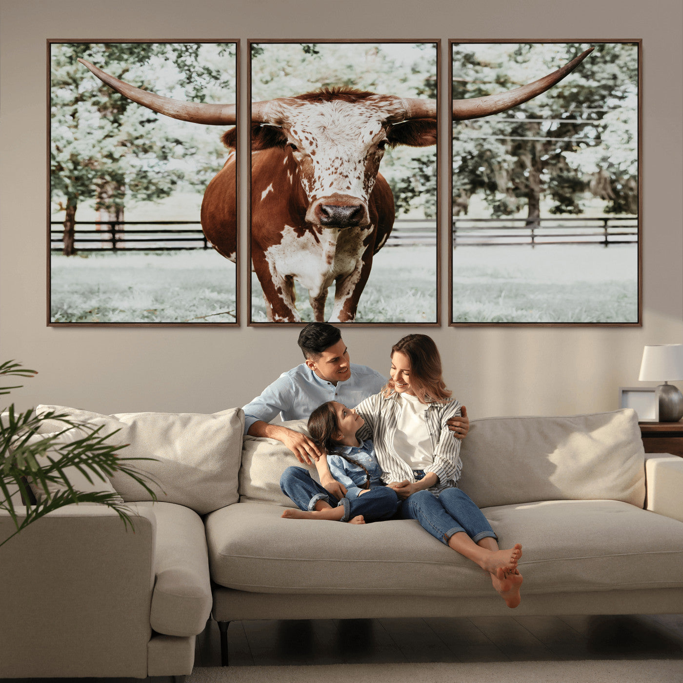 MGV-FC-60X30-3P - Texas Longhorn Wall Art Canvas Print, Framed Spotted Cow Art Picture Print, Horned Cattle Perfect Rustic Western Decor Artwork