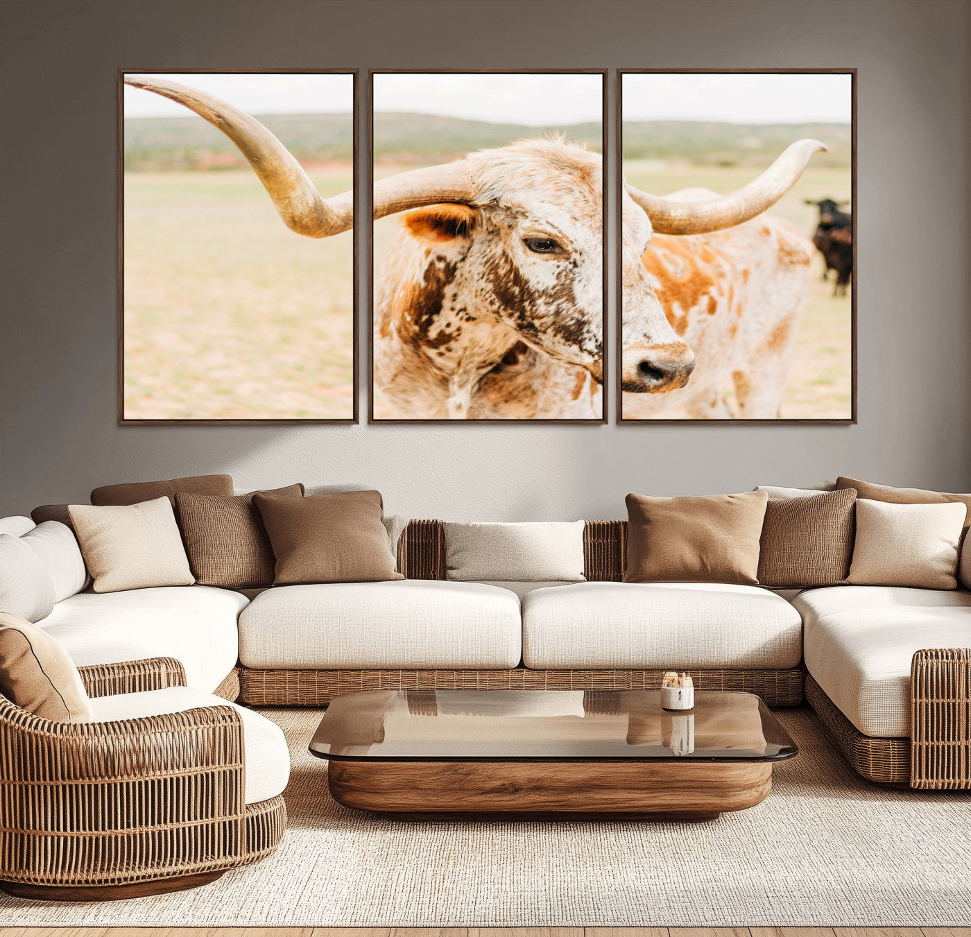 MGV-FC-60X30-3P - Texas Longhorn Wall Art Canvas Print, Framed Spotted Cow Art Picture Print, Horned Cattle Perfect Rustic Western Decor Artwork