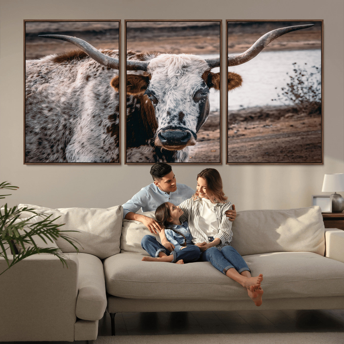 MGV-FC-60X30-3P - Texas Longhorn Wall Art Canvas Print, Framed Spotted Cow Art Picture Print, Horned Cattle Perfect Rustic Western Decor Artwork