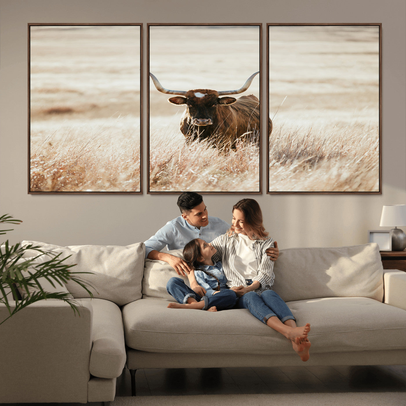 MGV-FC-60X30-3P - Texas Longhorn Wall Art Canvas Print, Framed Brown Cattle Art Picture Print, Horned Bull Perfect Rustic Western Decor Artwork