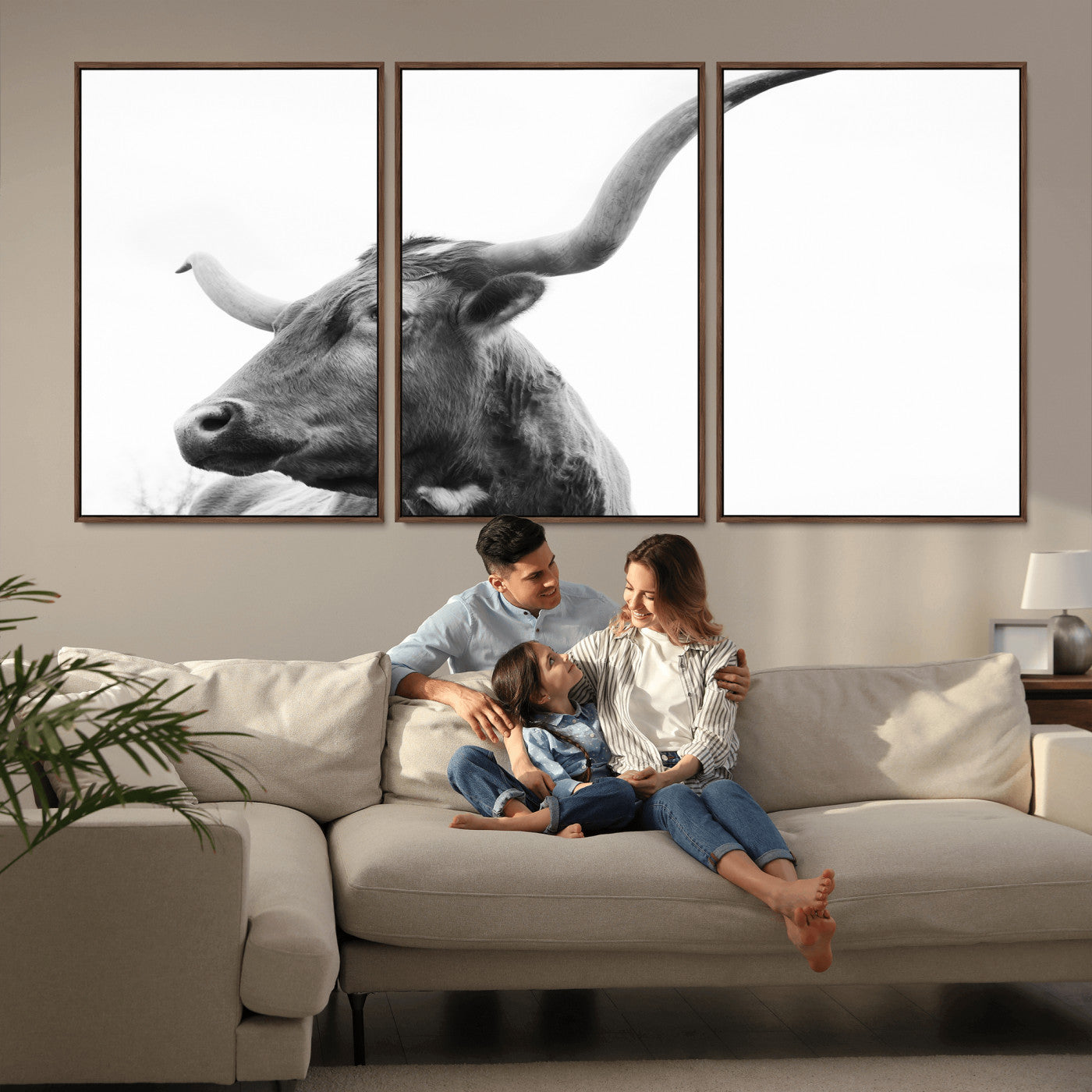 MGV-FC-60X30-3P - Longhorn Wall Art Wall Art Canvas Print, Framed Modern Ranch Style Art Art Picture Print, Monochrome Cow Print Perfect Rustic Western Decor Artwork