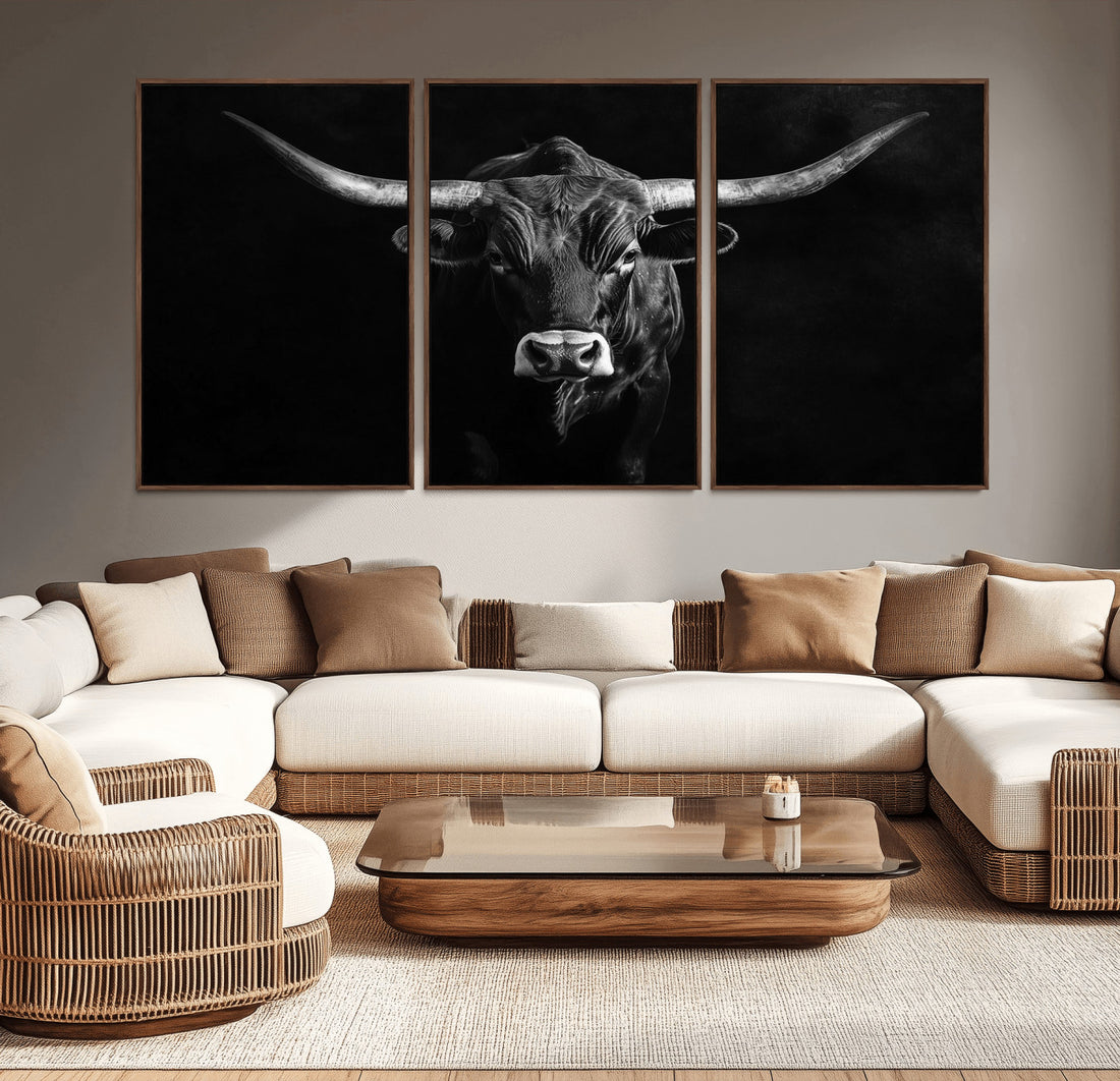 Texas Longhorn Wall Art Canvas Print | Framed Monochrome Horned Bull