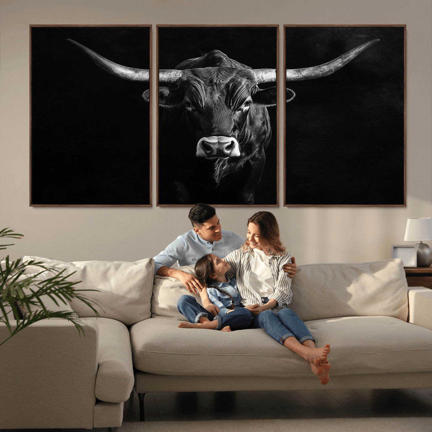 MGV-FC-60X30-3P - Texas Longhorn Wall Art Canvas Print, Framed Monochrome Bull Art Picture Print, Horned Bull Perfect Rustic Western Decor Artwork