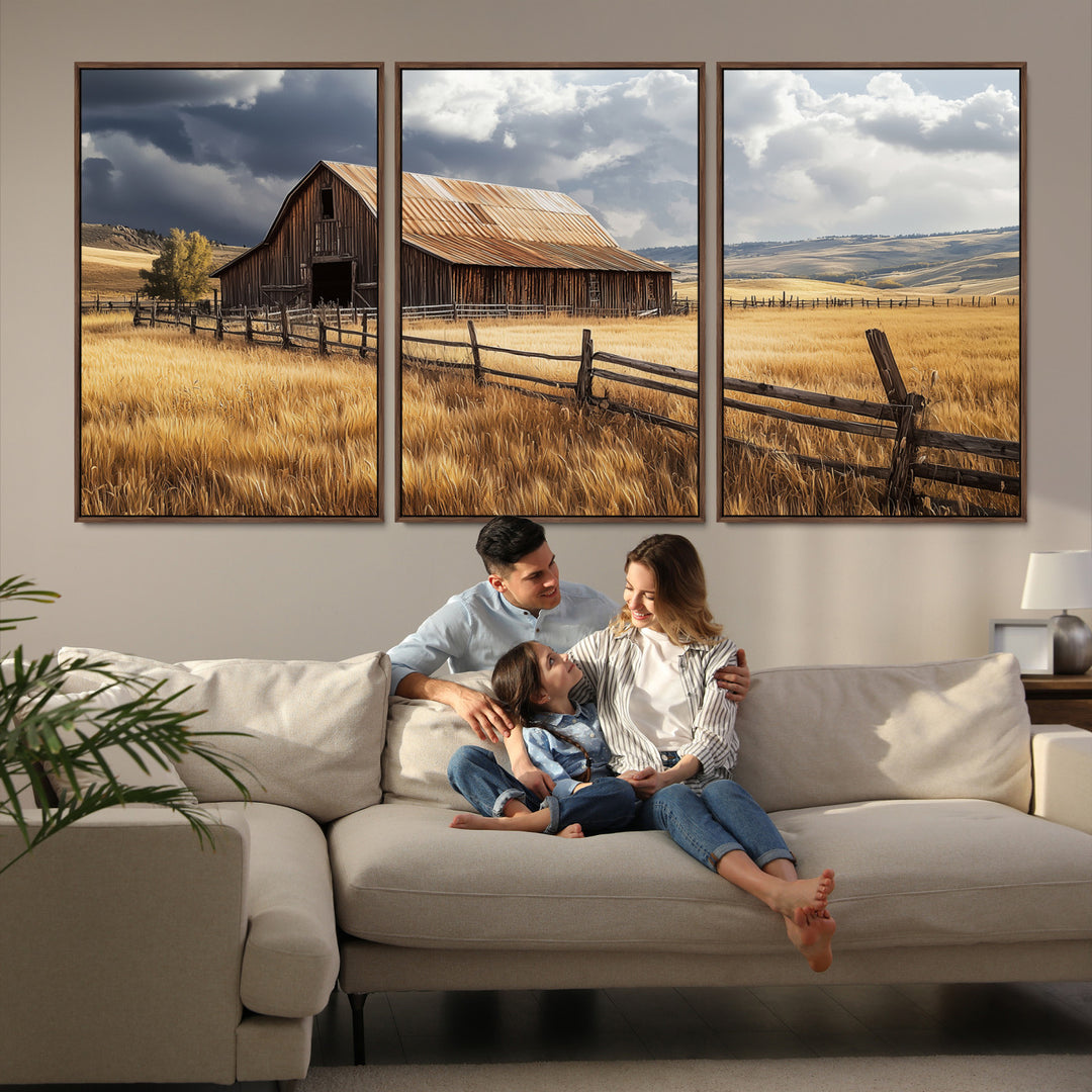 Canvas of a weathered wooden barn in a golden field under a dramatic sky, perfect for rustic or farmhouse-style wall decor.