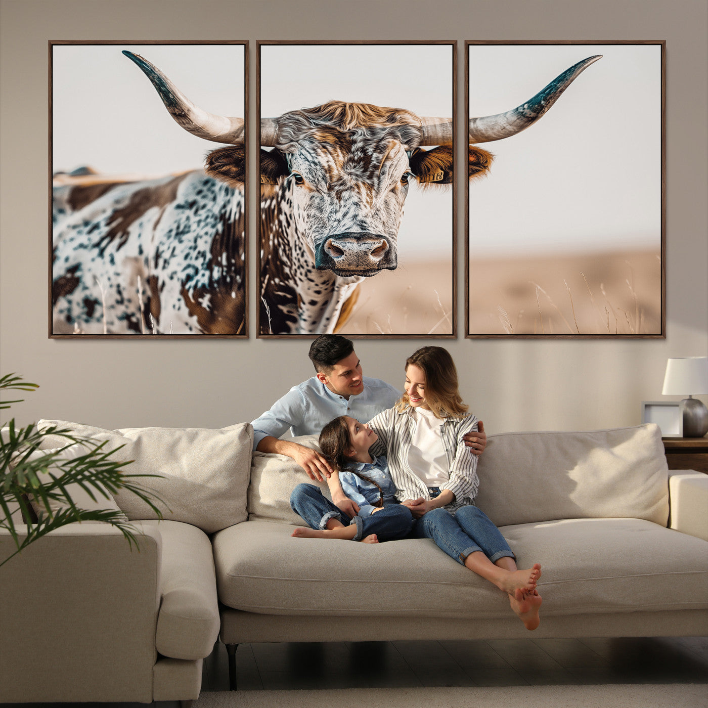 Canvas of a speckled Texas longhorn with wide curved horns and warm tones, perfect for rustic or country-style wall decor.