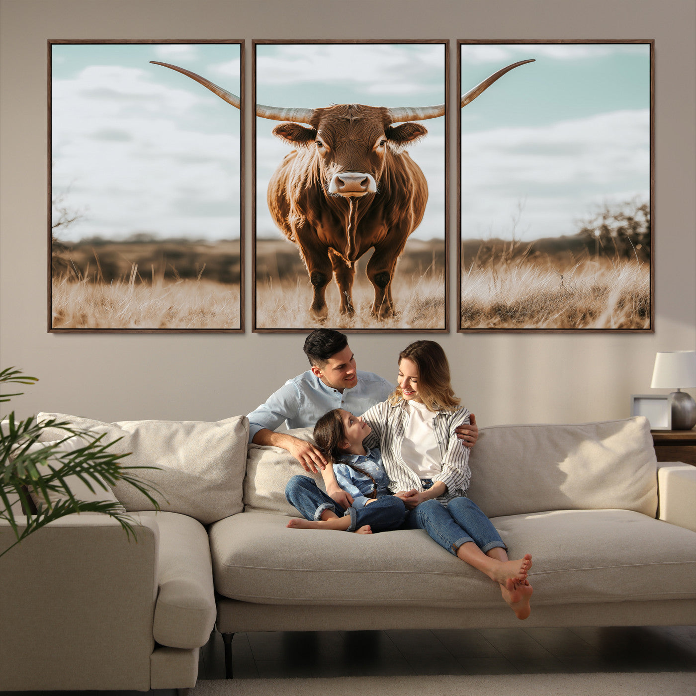 Texas Longhorn standing in a golden prairie under soft skies, ideal for rustic or western-style decor with warm natural tones.