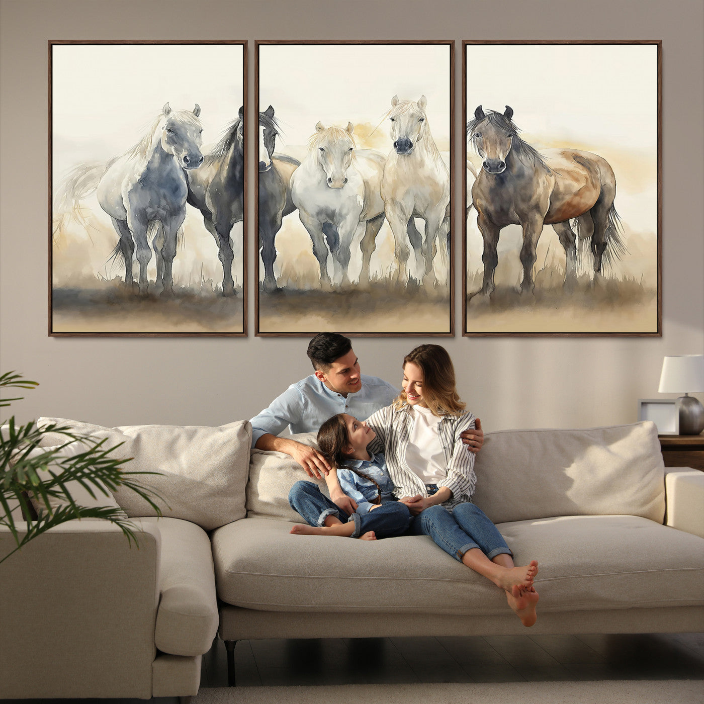 Watercolor illustration of five wild horses in soft neutral tones, perfect for rustic or western-style home decor with a calming natural vibe.