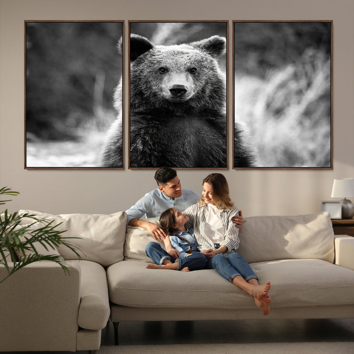 Grizzly Bear Wall Art Canvas Print, Framed Black White Bear Art Picture Print, Wild Bear Perfect Rustic Wildlife Decor