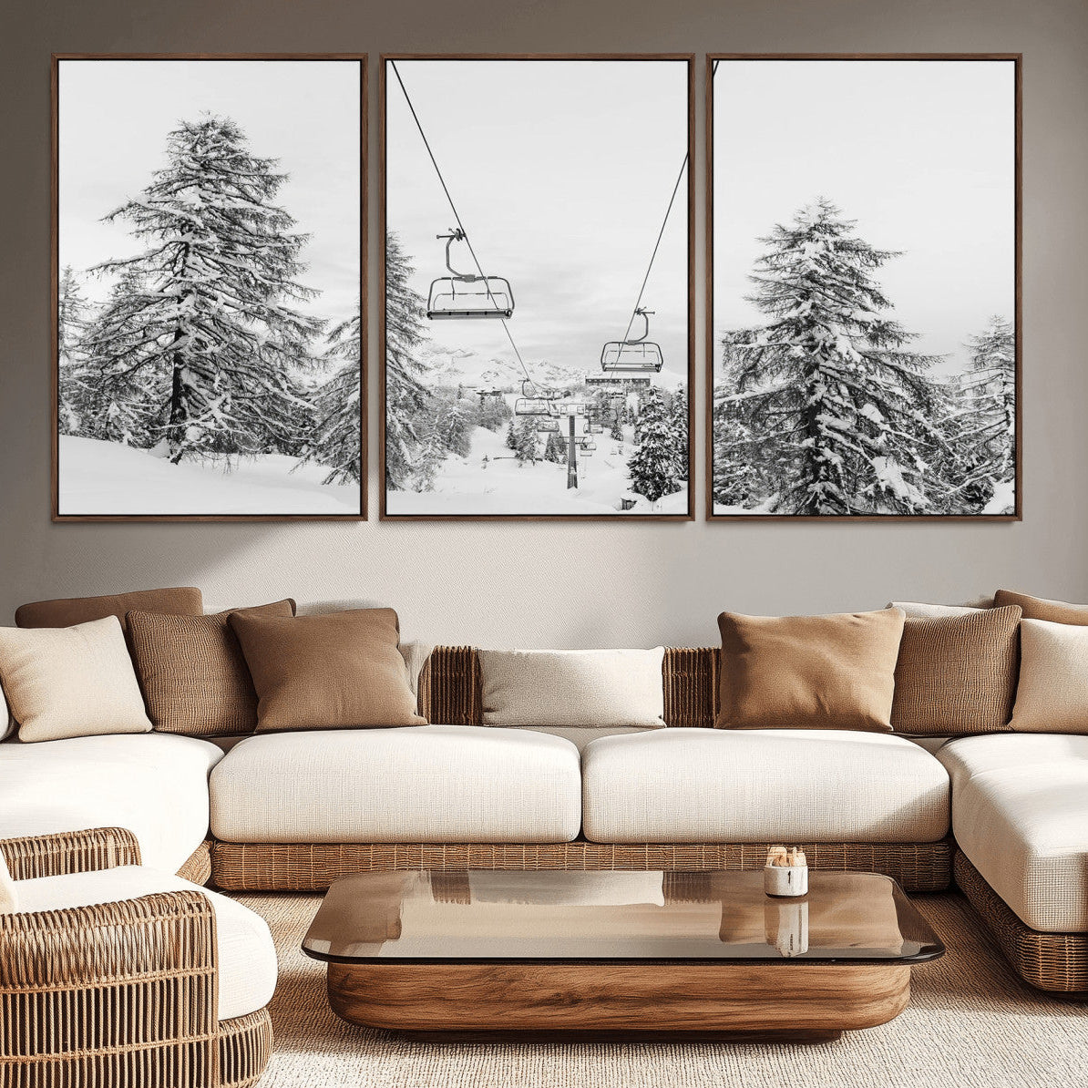 55003599-MGV-CV-36X24-Snowy Ski Lift Wall Art – Framed Winter Forest Canvas Artwork, Peaceful Mountain Design, Modern Nature Decor for Home, Office