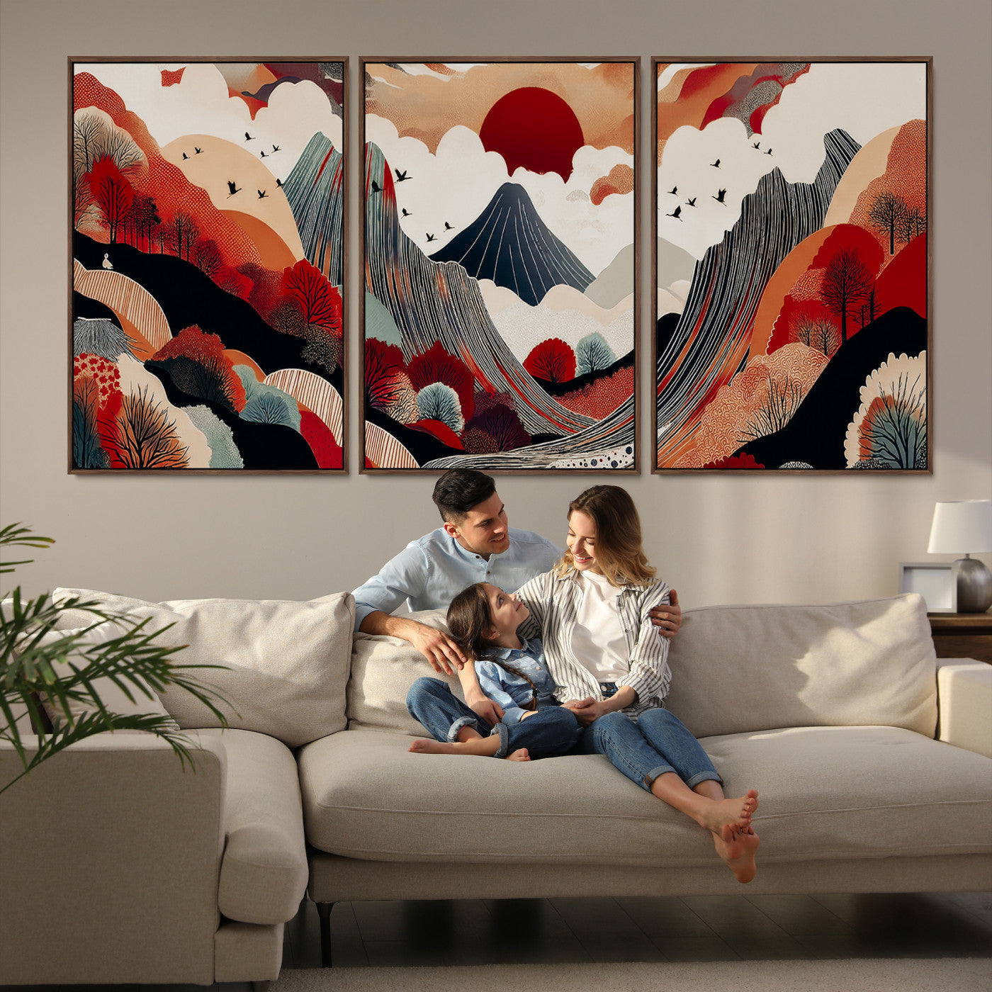 Abstract nature illustration with a red sun, mountains, and vibrant landscapes in graphic style, perfect for contemporary minimalist home decor. Ideal for modern spaces.