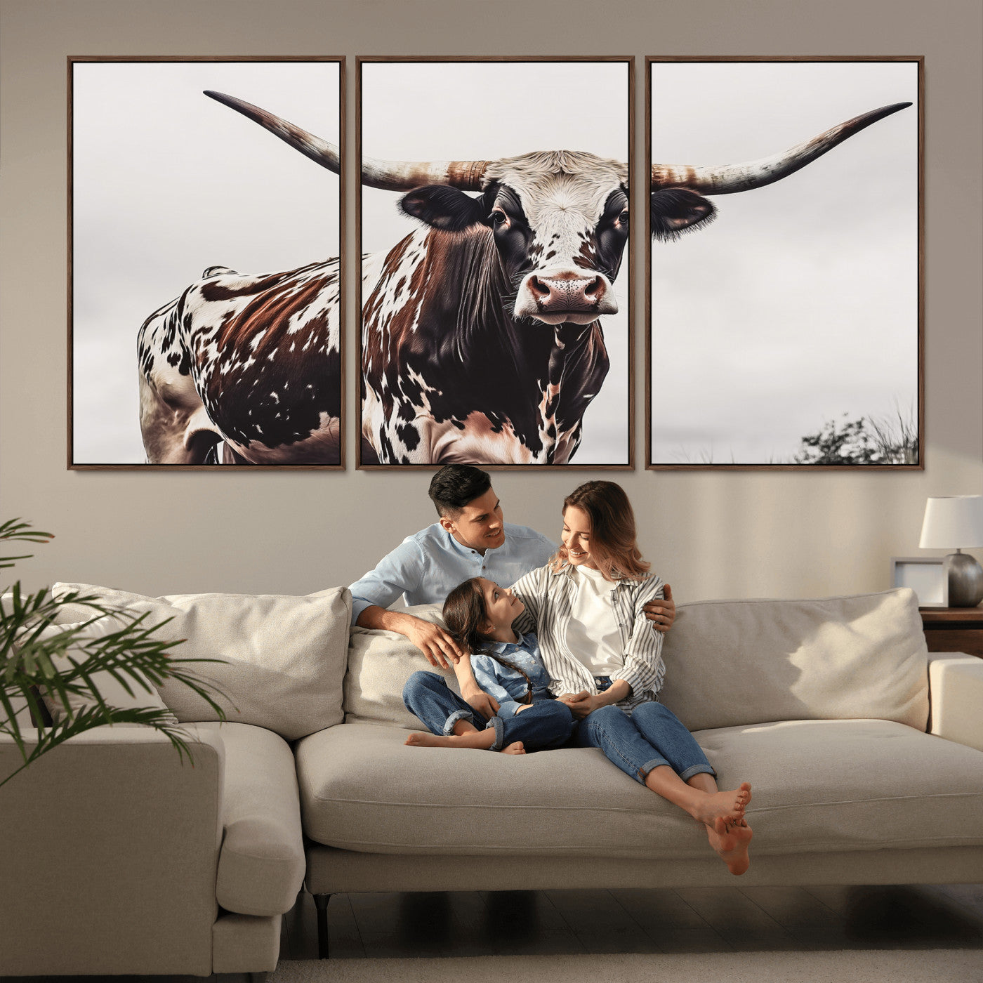 Close-up of a Texas Longhorn bull with powerful horns, perfect for rustic farmhouse or country-themed home decor. Ideal for animal lovers.