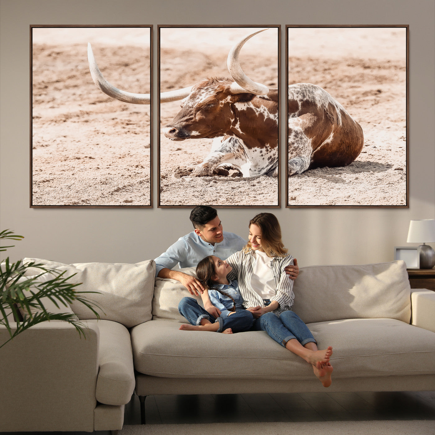 91248682-MGV-FC-60X30-3P-Texas Longhorn Wall Art Canvas Print, Framed Resting Bull Art Picture Print, Spotted Cattle Perfect Rustic Western Decor, Spotted Cattle