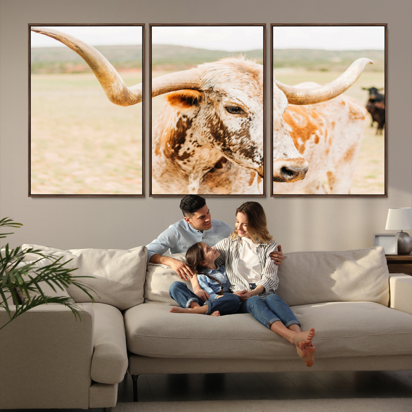 21060648-MGV-FC-60X30-3P-Texas Longhorn Wall Art Canvas Print, Framed Speckled Cow Art Picture Print, Rustic Bull Perfect Rustic Western Decor, Framed Speckled Cow