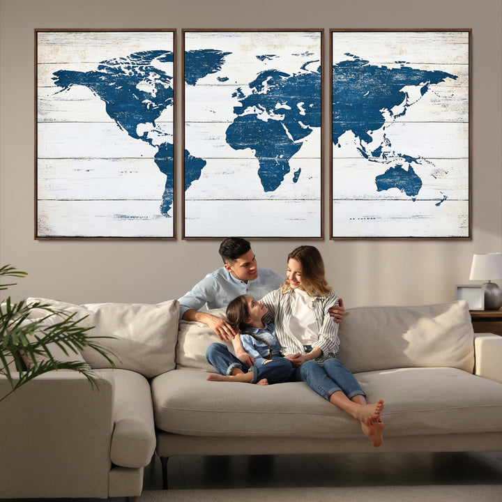 Rustic world map with blue continents on distressed wooden planks, perfect for coastal, explorer, or vintage-style wall decor.